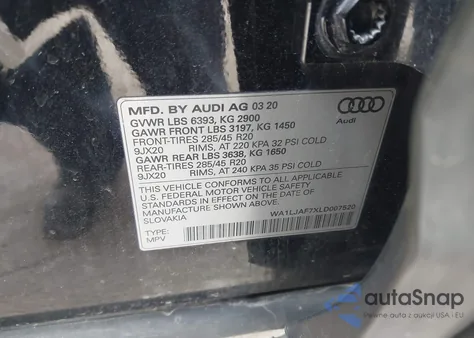 2020 Audi Q7 Premium Plus 45 Tfsi Quattro Tiptronic z USA, uszkodzony, nr VIN WA1LJAF7XLD007520